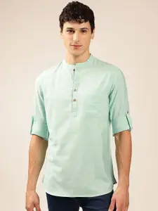 Anouk Blue Striped Woven Design Mandarin Collar Roll-Up Sleeves Zari Pathani Short Kurta