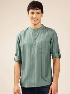 Anouk Striped Thread Work Mandarin Collar Straight Short Kurta