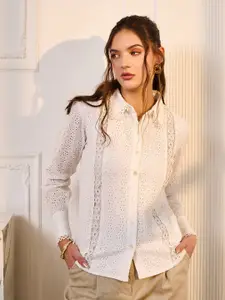 DELAN Cotton Schiffli Cuffed Sleeves Pure Cotton Shirt Style Top