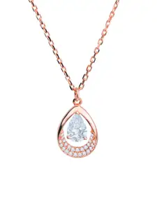 Nistra Sterling Silver Rose Gold-Plated Cubic Zirconia Studded Droplet Necklace