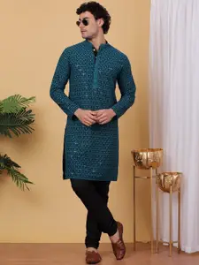 Anouk Teal Embroidered Thread Work Sequinned Mandarin Collar Straight Kurta With Pyjamas