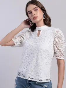 FabAlley Keyhole Neck Puff Sleeve Lace Top