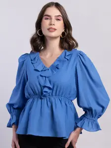 FabAlley Puff Sleeve Georgette Cinched Waist Top