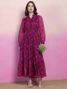 FabAlley Pink Floral Printed Puff Sleeves Georgette Maxi Dress
