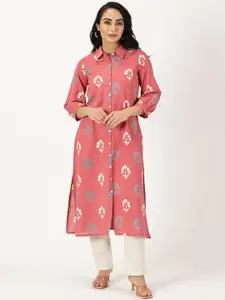 Saffron Threads Floral Printed Shirt Collar A-Line Kurta