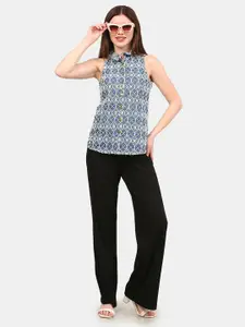 SUMAVI-FASHION Geometric Printed Organic Cotton Denim Shirt Style Top