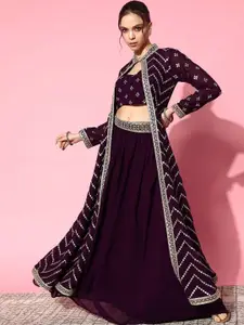Sangria Purple Embroidered Shoulder Straps Choli Skirt With Shrug