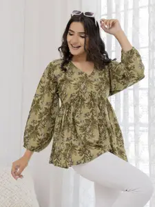 Nayo Floral Printed V-Neck Puff Sleeves Cotton Peplum Top