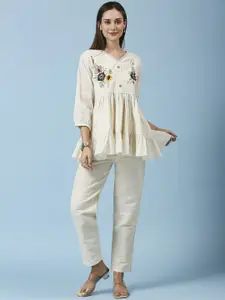 GUFRINA Embroidered V-Neck Cuffed Sleeves Gathered Cotton Casual Flared Top With Trousers