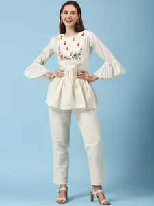 GUFRINA Embroidered Thread Work Pleated Bell Sleeves Pure Cotton Top With Trousers