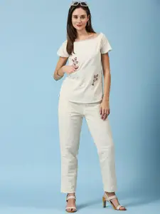 GUFRINA Embroidered Cold Shoulder Pocket Detailing Pure Cotton Straight Top With Trousers