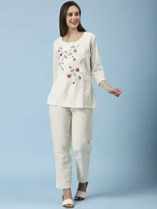 GUFRINA Embroidered Round Neck Top & Trousers Pure Cotton Co-Ords