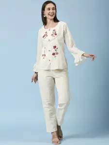 GUFRINA Floral Embroidered Long Bell Sleeves Top & Trousers Pure Cotton Co-Ords