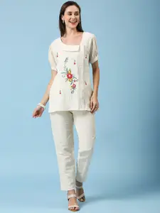 GUFRINA Floral Embellished Puffed Sleeves Pure Cotton Top & Trouser