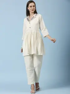 GUFRINA Embroidered Thread Work Cuban Collar Pleated Cotton Flared Top With Trousers