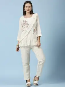 GUFRINA Embroidered Round Neck Top & Trousers Pure Cotton Co-Ords