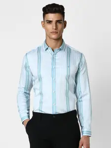 V Dot Slim Fit Striped Spread Collar Pure Cotton Party Shirt