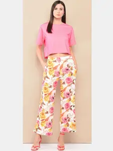 her by invictus Peach Round Neck Top With Floral Printed Trousers