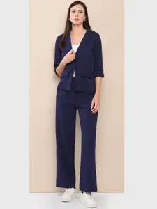 her by invictus Navy Blue Shoulder Straps Roll-Up Sleeves Crop Top With Trousers & Blazer