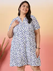 Sztori Plus Size Floral Printed Mandarin Collar Short Sleeves Crepe A-Line Dress