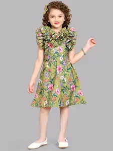 Pink Chick Girls Round Neck Floral Print Flutter Sleeves Ruffled A-Line Dress
