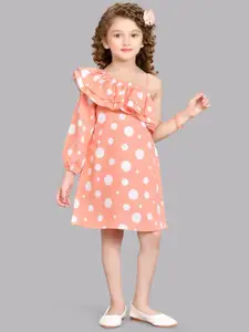 Pink Chick Girls Polka Dots Print One Shoulder Puff Sleeves Ruffled Cotton A-Line Dress