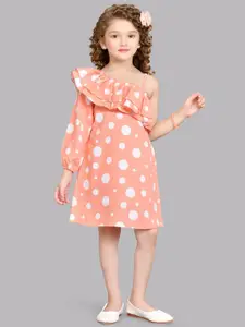 Pink Chick Girls Polka Dot Printed One Shoulder Cotton A-Line Dress With Matching Clip