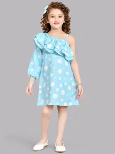 Pink Chick Girls Polka Dots Print One Shoulder Puff Sleeves Ruffled Cotton A-Line Dress