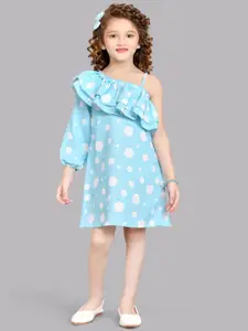 Pink Chick Girls Polka Dots Print One Shoulder Puff Sleeves Ruffled Cotton A-Line Dress