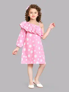 Pink Chick Print Puff Sleeve Ruffled A-Line Dress