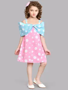Pink Chick Polka Dot Printed Shoulder Straps Bow Cotton A-Line Dress With Matching Clip