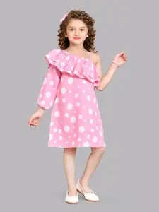Pink Chick Girls Polka Dots Print One Shoulder Puff Sleeves Ruffled Cotton A-Line Dress