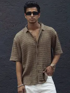 Powerlook Brown Self Design Checked Oversized Casual Shirt