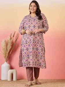 Sztori Plus Size Ethnic Motifs Printed V-Neck Crepe Straight Kurta
