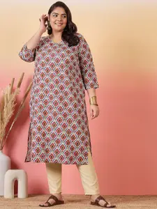 Sztori Plus Size Ethnic Motifs Printed V-Neck Crepe Straight Kurta