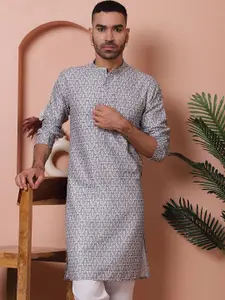 Anouk Grey Floral Printed Band Collar Regular Pure Cotton Kurta