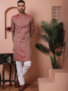 Anouk Maroon Ethnic Motifs  Self Design Band Collar Zari Jacquard Cotton Silk Kurta