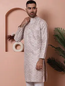 Anouk White Ethnic Motifs  Self Design Band Collar Zari Jacquard Cotton Silk Kurta