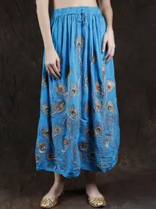 Exotic India Floral Printed Pure Cotton Flared Maxi Skirt With Embroidered Sequins