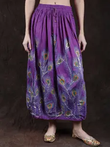 Exotic India Peacock Feather Embroidered Sequinned Pure Cotton Flared Maxi Skirt