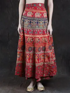 Exotic India Printed Pure Cotton Flared Maxi Skirt
