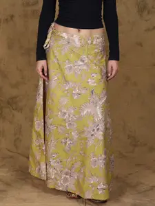 Exotic India Floral Printed Pure Cotton Wrap-Around Maxi Skirt