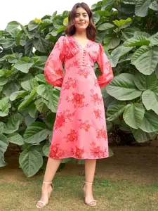 RARE Floral Printed Puff Sleeves A-Line Midi Dress