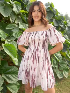 RARE Shibori Tie & Dye Printed Off-Shoulder Puff Sleeve Smocked Fit & Flare Dress