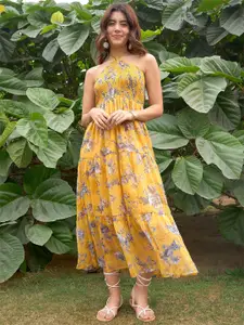 RARE Floral Printed Halter Neck Smocked A-Line Midi Dress
