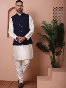 Anouk Sequinned Mandarin Collar Straight Kurta With Pyjama & Nehru Jacket