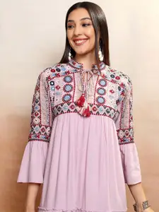 Vishudh Lavender Tie-Up Neck Embroidered Tiered Velvet Empire Midi Dress