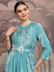 Vishudh Blue Floral Printed Keyhole Neck Fit and Flare Maxi Dress With Belt