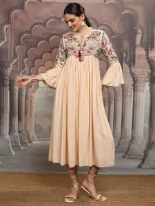 Vishudh Embroidered Tie-Up Neck Bell Sleeves Maxi Dress