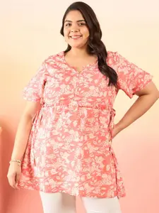 Sztori Plus Size Floral Printed Notch Neck A-Line Short Kurti